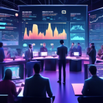 Create an image depicting a digital scene where a group of diverse traders are gathered around a high-tech, interactive 3D screen displaying graphs, charts