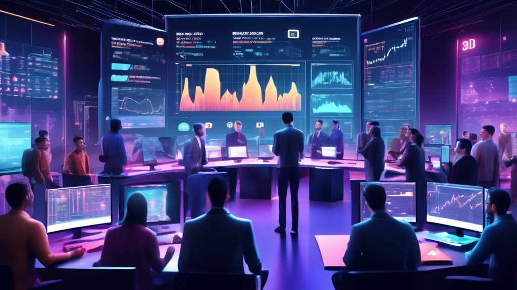 Create an image depicting a digital scene where a group of diverse traders are gathered around a high-tech, interactive 3D screen displaying graphs, charts