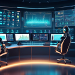 Create an image depicting a futuristic control room filled with monitors displaying charts, graphs, and cryptocurrencies. At the center, a sleek and advanc