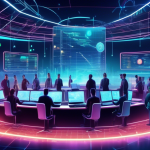 Create an image of a futuristic digital landscape showcasing elements of cryptocurrency trading. The scene should include a high-tech trading floor with ho