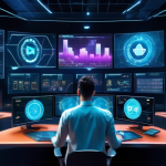 Create an image of a futuristic, sleek-looking control center with large digital screens displaying graphs, cryptocurrency symbols, and charts. In the cent