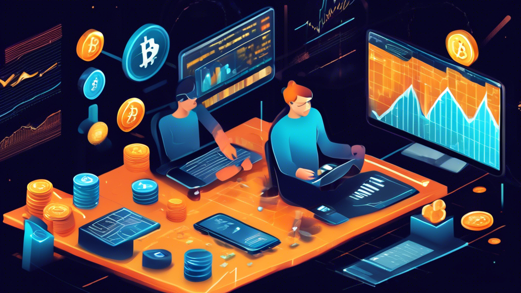 Create an image illustrating a diverse and bustling crypto trading scene. Show a digital dashboard with various cryptocurrencies icons such as Bitcoin, Eth