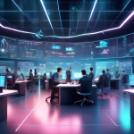 Create an illustration of a futuristic financial hub where digitally rendered figures are engaged in margin trading. The scene includes holographic display