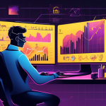 Create an illustration depicting a person seated at a desk surrounded by multiple computer screens displaying charts and graphs. The primary screen shows t