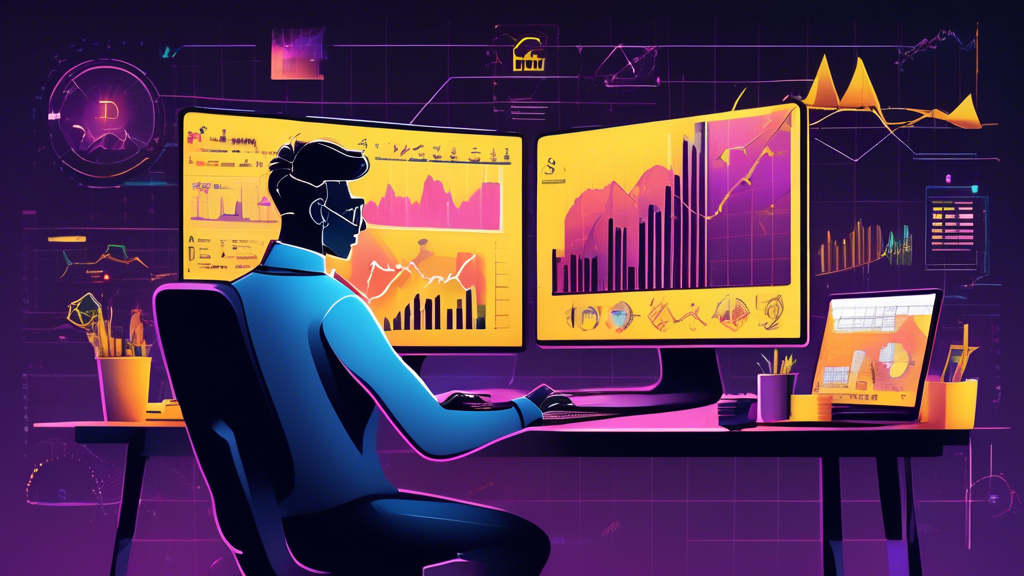 Create an illustration depicting a person seated at a desk surrounded by multiple computer screens displaying charts and graphs. The primary screen shows t