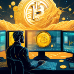 Create an illustration of a futuristic cryptocurrency exchange platform, showcasing a trader in the center, intensely focused on multiple screens displayin