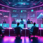 Create an image depicting a futuristic trading room filled with digital screens displaying real-time stock market data, cryptocurrency graphs, and intricat