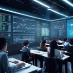 Create an image that depicts a futuristic classroom where a diverse group of international students is learning about forex margin trading. The classroom i