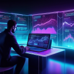 Create an image depicting a futuristic digital landscape where neon-lit blockchain networks interconnect, showcasing various cryptocurrencies. In the foreg