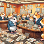 Create an imaginative and whimsical illustration of cartoon hamsters engaging in margin trading within a fantasy stock exchange setting. The scene includes