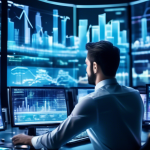 Create an image depicting a futuristic city skyline with towering digital screens displaying various financial graphs and charts. In the foreground, a conf