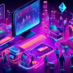 Create an image of a futuristic digital marketplace bustling with activity, symbolizing crypto margin trading in 2023. Include elements like glowing hologr