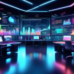 An image depicting a futuristic digital scene with multiple computer screens displaying colorful graphs, charts, and interface designs of various margin tr