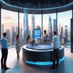 Create an image depicting a futuristic financial hub with towering digital skyscrapers, where individuals are actively engaging with advanced holographic t