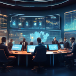 Create an image depicting a futuristic financial trading environment in 2023, featuring digital screens displaying Bitcoin symbols and margin trading chart