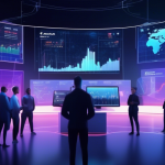 An illustrative image showing a futuristic trading platform screen with the Coinbase logo, featuring dynamic graphs and charts indicating margin trading ac