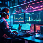 Create an image of a futuristic trading room filled with high-tech monitors displaying various cryptocurrencies and market charts. The focus should be on a