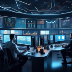 Create an image depicting a futuristic digital control room filled with multiple screens displaying various cryptocurrency exchanges, analytics, and graphs