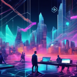 Create an image depicting a futuristic digital landscape where a diverse group of traders navigate a vibrant, holographic network of decentralized exchange