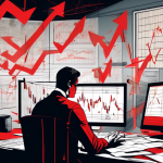 Create an image depicting a dramatic scene of a person sitting at a desk surrounded by floating stock charts and red downward arrows symbolizing financial