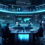 Create an image of a futuristic financial trading boardroom with digital displays and holograms showcasing graphs and numbers. In the center, focus on a la