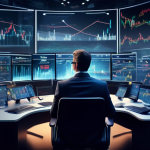 Create an image of a sophisticated financial advisor sitting at a modern digital desk, surrounded by futuristic screens displaying charts and graphs. The b