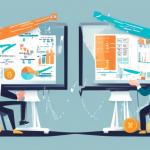 Create an image that visually represents the concept of leverage vs margin trading. The scene should be split into two sections. On the left, depict levera