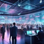 Create an image depicting a futuristic financial trading floor bustling with activity, where giant holographic screens display vibrant graphs and numbers r