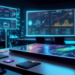 Create an image of a futuristic digital workspace with a holographic display showing a margin trading calculator specifically designed for crypto investors