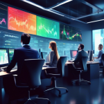 Create an image depicting a modern financial office setting with diverse people working at computers displaying complex charts and graphs. On a large digit