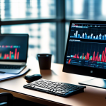 Create an image of a sophisticated, modern office desk scene. On the desk, place a computer monitor displaying a vibrant financial market chart with fluctu