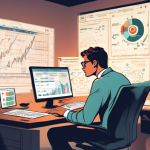 A detailed illustration of an investor sitting at a desk, surrounded by financial documents and a computer screen displaying stock market graphs and number