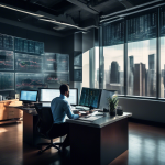 Create an image of a person sitting in a modern office surrounded by multiple computer screens displaying stock charts and financial data. The person is in