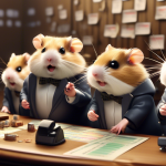 A visually captivating scene depicting a group of curious hamsters, each wearing tiny business attire, gathered around a miniature trading desk. The desk i