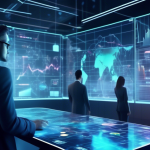 Create an image illustrating the concept of margin trading in finance. The scene is set in a futuristic financial hub with holographic interfaces. Characte