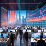 Create an image depicting a bustling Chinese stock exchange floor, filled with digital screens displaying market indices and colorful graphs. Traders, a mi