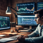 Create an image depicting a person sitting at a desk with a computer, surrounded by books on trading and financial charts. The computer screen displays gra