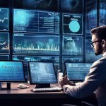 Create an image that depicts the concept of margin trading in the share market. Imagine a bustling stock exchange environment with large digital screens di