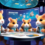 Create an image of a futuristic financial conference where anthropomorphic hamsters are participating in a seminar. They are using oversized trading cards