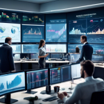 Create an image featuring a diverse group of people in a modern, well-lit office environment, each engaged with multiple screens displaying financial chart