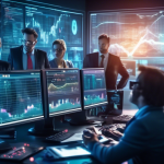 Create an image depicting a futuristic financial trading room filled with advanced monitors and holographic displays, all showing live Bitcoin trading data