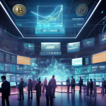 Create an image depicting a futuristic trading floor bustling with digital screens displaying various cryptocurrencies and their fluctuating values. The at