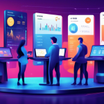 Create an illustration of a futuristic trading platform displaying digital screens with graphs and charts, symbolizing cryptocurrency markets. The scene sh