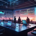 Create an image depicting a futuristic financial hub with digital screens displaying stock market charts. Highlight a section focusing on the concept of ma