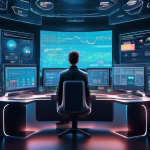 An advanced illustration of a futuristic trading platform with high-tech digital interfaces, featuring a range of financial graphs and analytics. In the ce