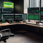 Create an image depicting a sophisticated financial trading desk with multiple computer screens displaying TD Ameritrade's trading platform interface. On o