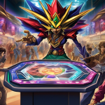 Create an image depicting a Yu-Gi-Oh-themed trading arena where duelists are intensely engaged in margin trading of cards. The scene should be vibrant and