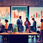 Create an image that illustrates the concept of margin trading risks. The scene features a diverse group of traders in a bustling financial office, surroun